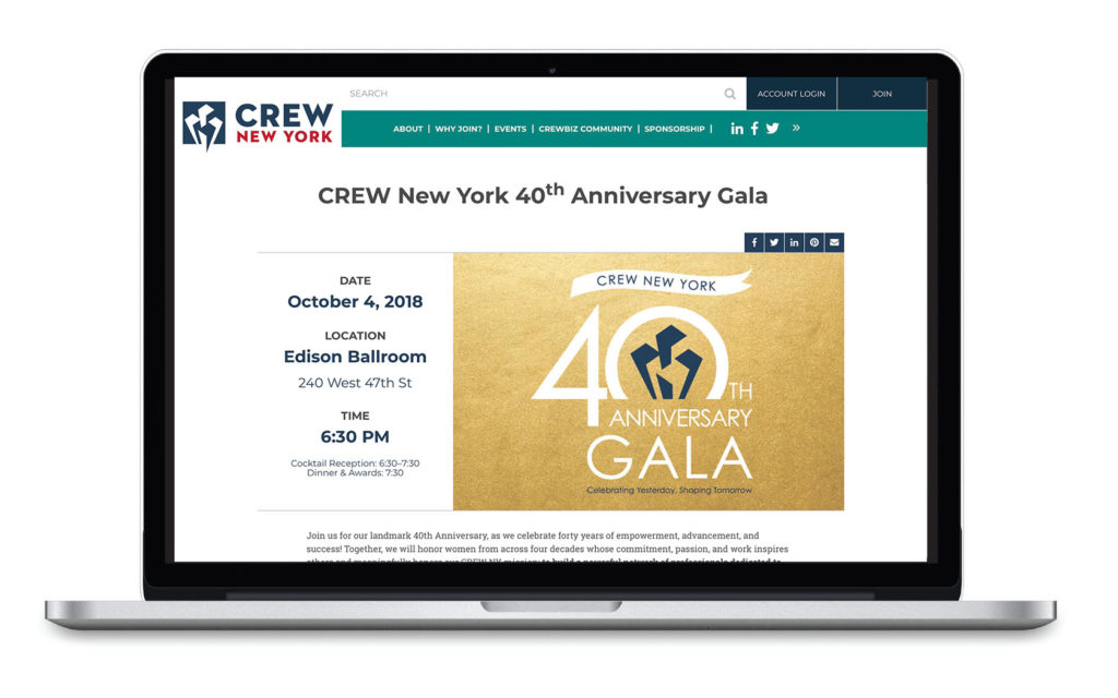 Webpage for CREW New York 40th Anniversary Gala, developed by Pace